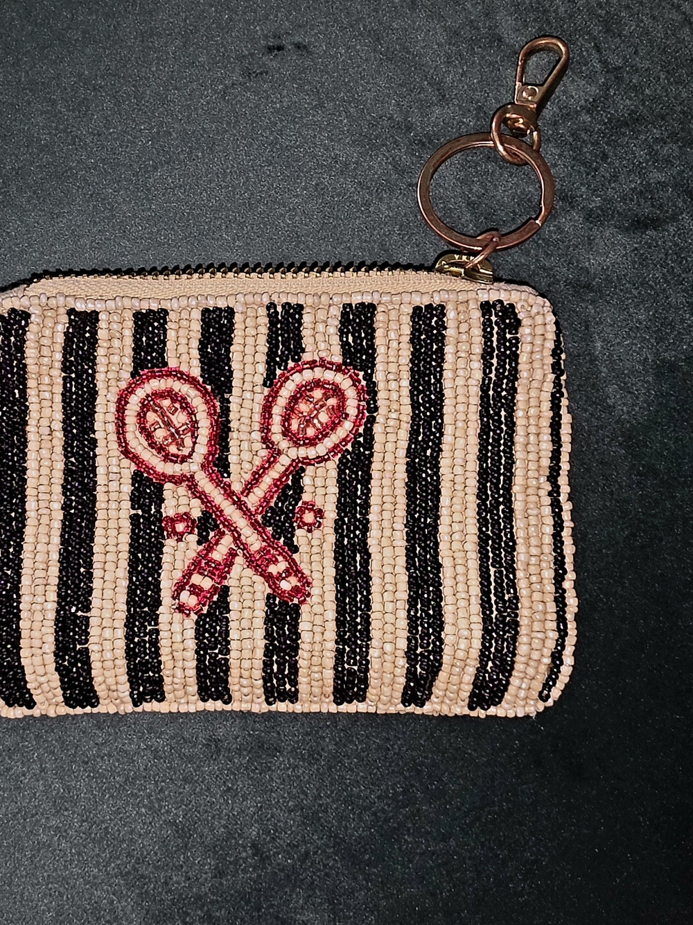 Anthropologie FIONA Beaded Black and Cream Striped Key Pouch with Red Motif